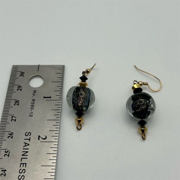 Black & Gold Tone Swirl Glass Marble Beaded Dangle Earrings Hook Handmade - Picture 8 of 8